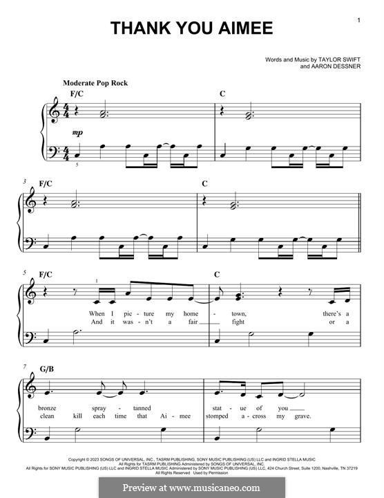 ThanK you aIMee (Taylor Swift) by A. Dessner - sheet music on MusicaNeo