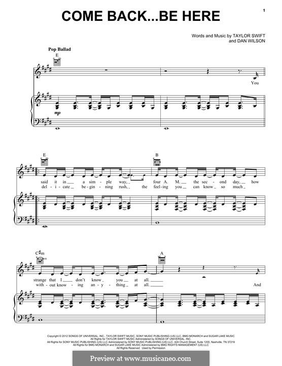 Come Back...Be Here (Taylor Swift) by D. Wilson - sheet music on MusicaNeo