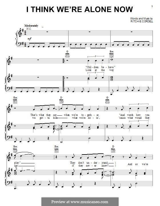 I Think We're Alone Now by R. Cordell - sheet music on MusicaNeo