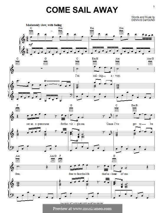 Come Sail Away Styx By D Deyoung Sheet Music On Musicaneo 