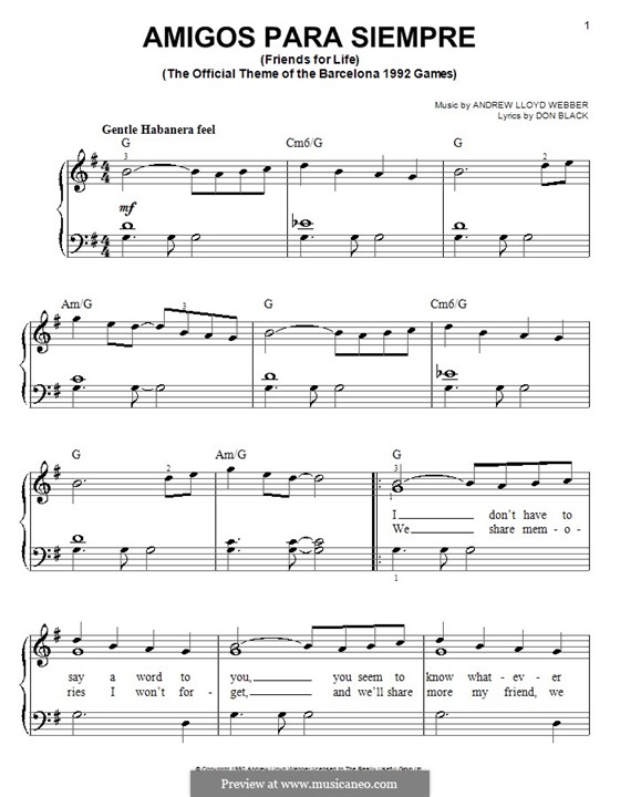 Andrew Lloyd Webber Amigos Para Siempre (Friends for Life) Sheet Music in  F Major (transposable) - Download & Print - SKU: MN0144096