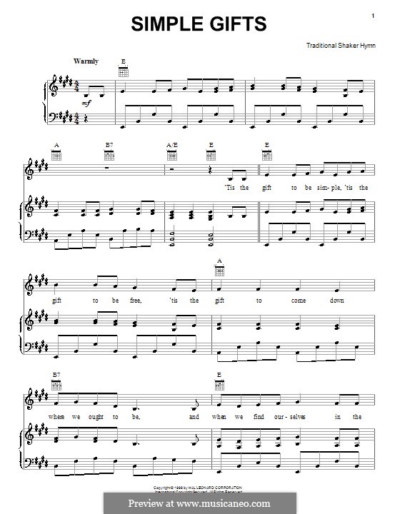 Free Simple Gifts sheet music for piano, voice or other instruments