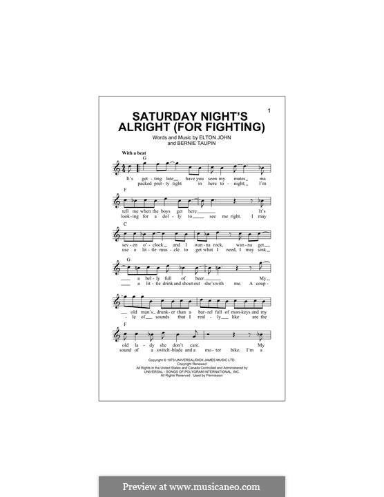 Saturday Night's Alright (For Fighting) Sheet Music, Elton John