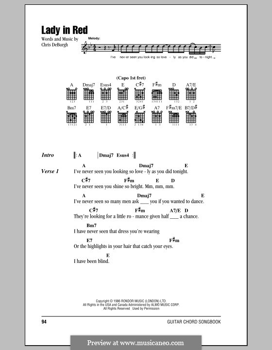 Lady in red chris de burgh перевод. Lady in Red табы для гитары. Lady in Red аккорды. Lady in Red Ноты для гитары. Lady in Red текст.