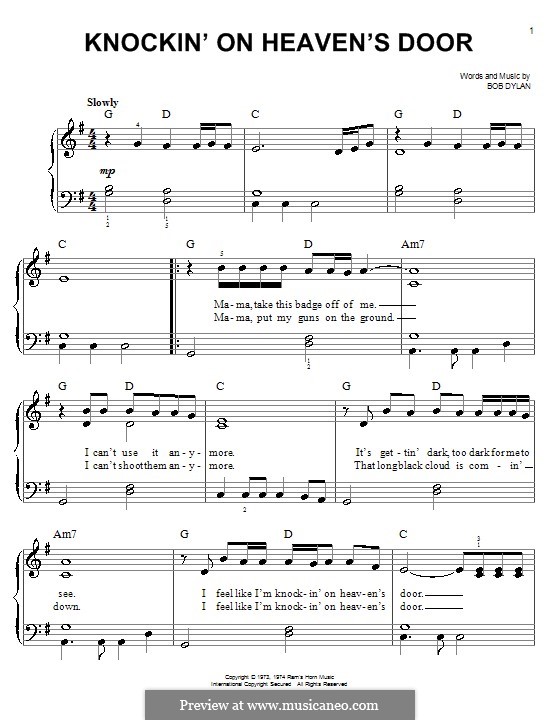 Knockin on heaven s door текст. Knocking on Heaven's Door Ноты. Knocking on Heaven's Door Ноты для фортепиано. Боб Дилан Knockin on Heaven's Door Ноты. Knockin' on Heaven's Door Ноты для фортепиано.