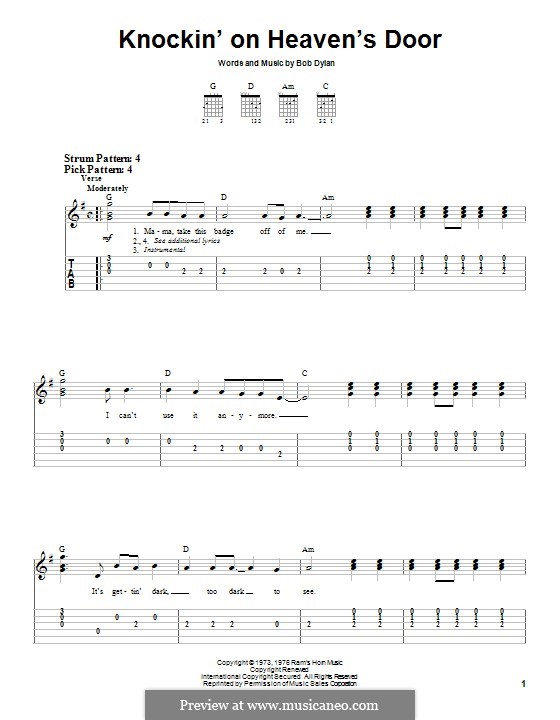 Песня knocking on heaven s. Боб Дилан Knockin on Heaven's Door Ноты. Knocking on Heaven's Ноты. Knocking on Heaven's Door Ноты. Bob Dylan Knockin' on Heaven's Door аккорды.