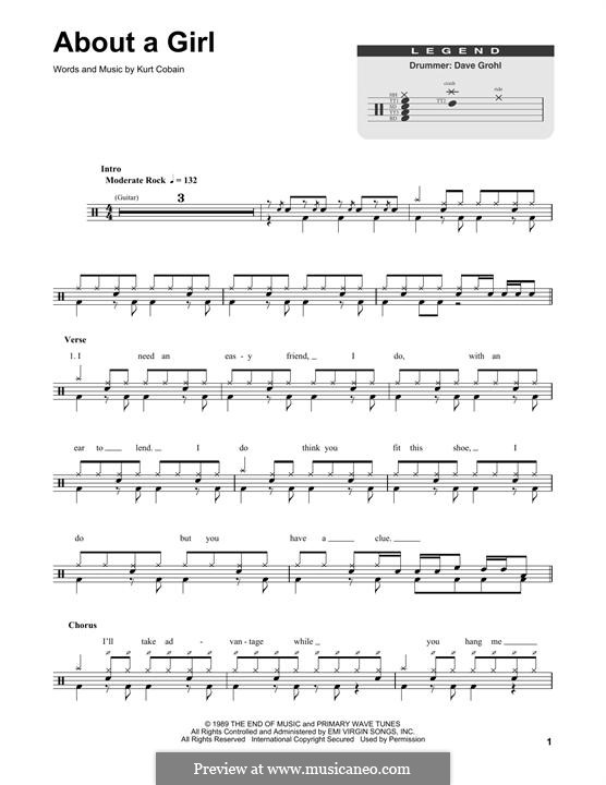 My girl nirvana аккорды. Ноты на барабаны в Nirvana about a girl. Нирвана Ноты ударных about a girl. Nirvana - about a girl Ноты. About a girl Ноты.